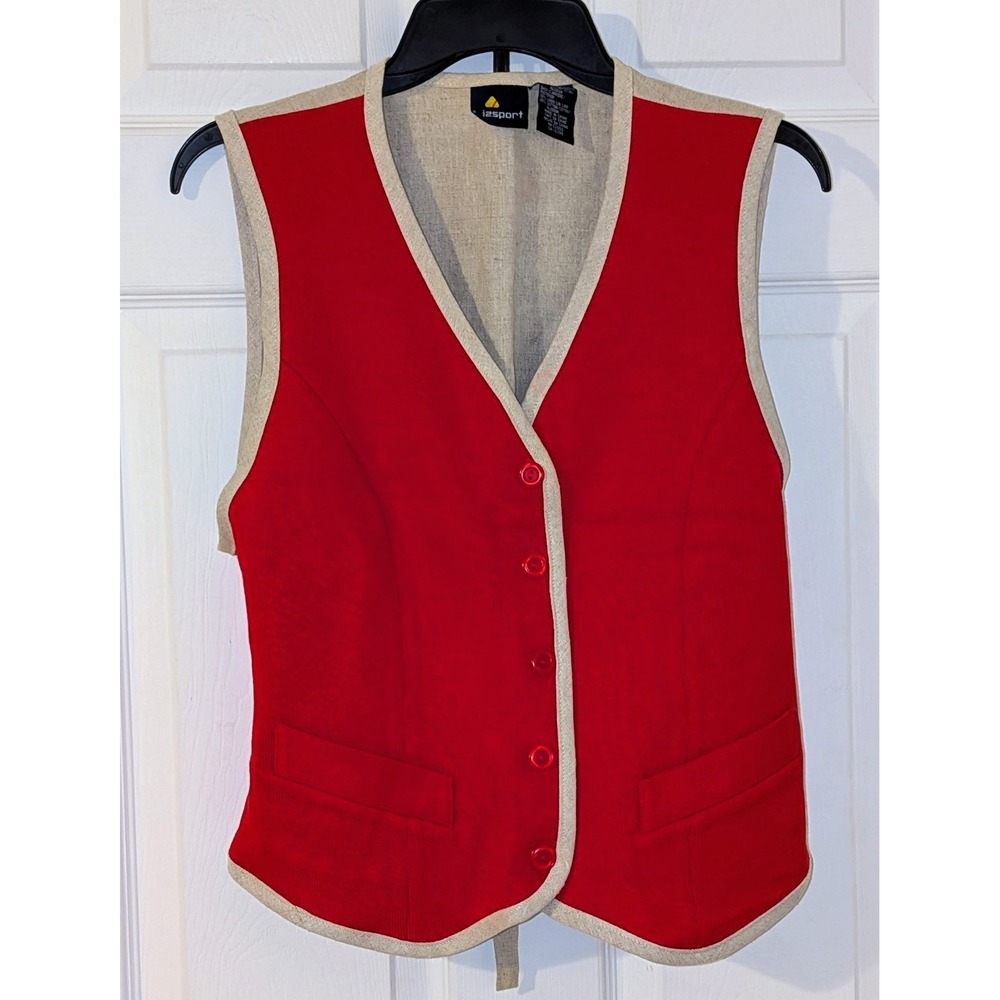 Lizsport Vintage‎ 90s Red Cotton Linen Blend V-Neck Vest Contrast Trim Large NWT